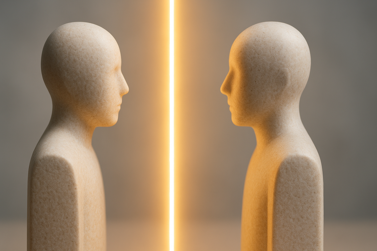 利益相反を象徴する、2つの人影が光の線で隔てられている概念的な画像。未成年者の相続における親と子の利益が対立する状況を表している。