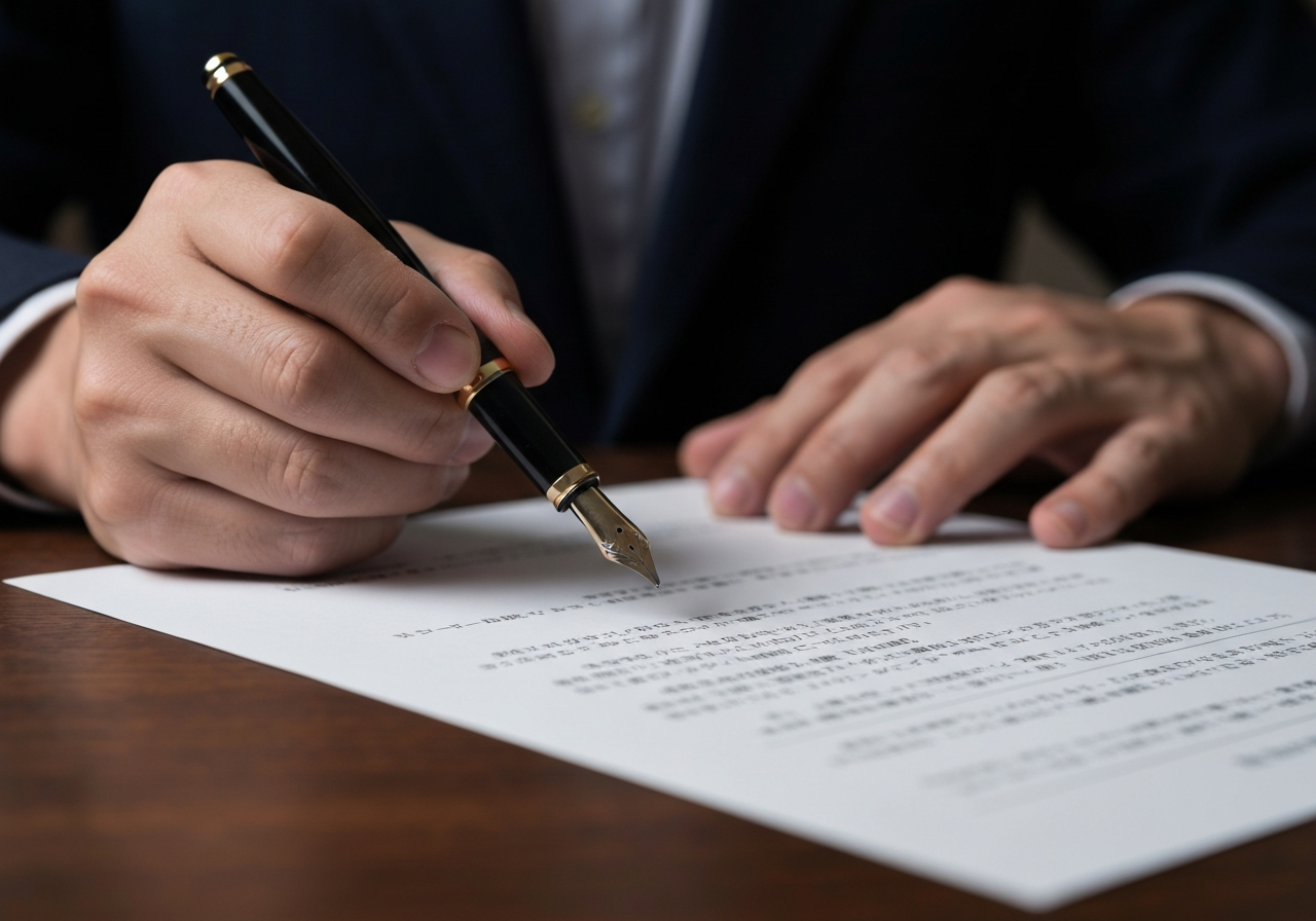 書類の上で万年筆を持つ手が止まっている様子。自筆証書遺言の作成の難しさや無効になるリスクを暗示している。