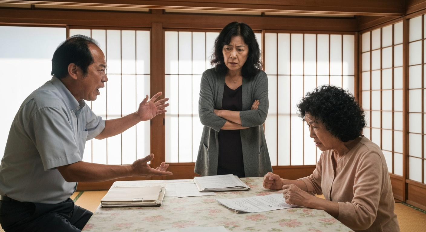 遺産分割協議で揉めている様子の家族。遺言書がない場合の相続トラブルを表現している。