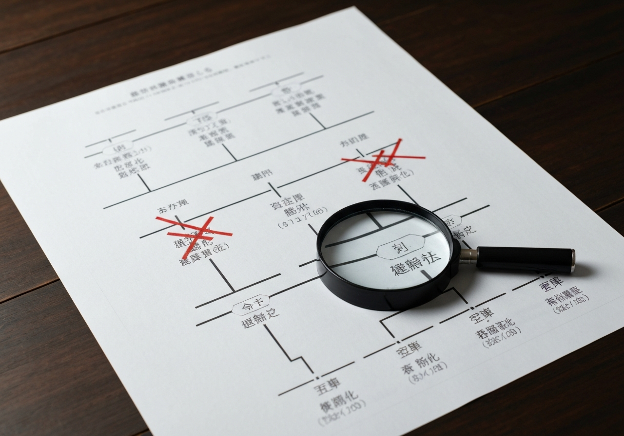 テーブルの上に広げられた複雑な家系図。相続関係の難しさを示しており、遺言書がない場合のトラブルを暗示している。
