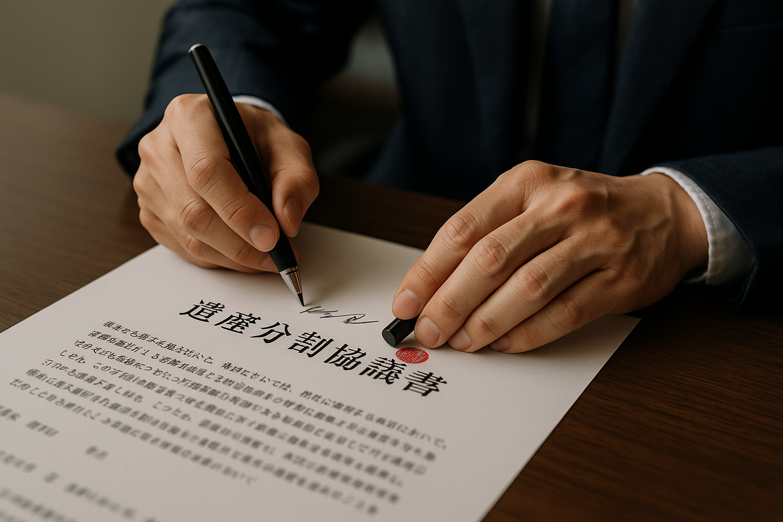 遺産分割協議書に署名し、実印を押している様子の写真。特別代理人が関与した法的に有効な合意の成立をイメージさせる。