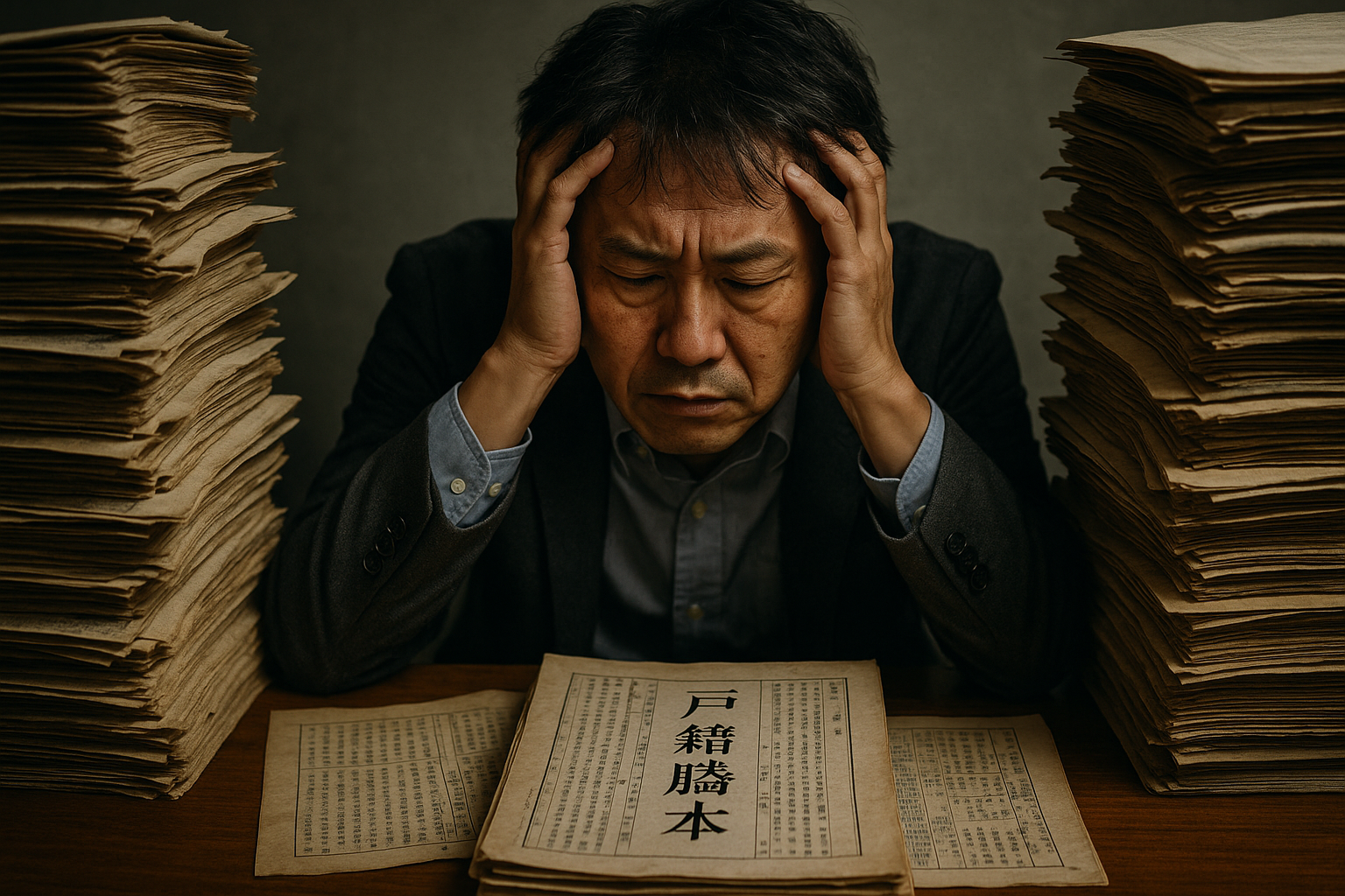 自分で相続登記をしようと戸籍謄本の山を前に途方に暮れる人