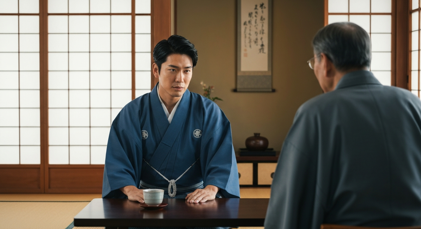 リビングのソファで、お茶を飲みながら穏やかに話をする日本の父と息子。親に遺言書作成を促す際の、角が立たない伝え方をイメージさせる。