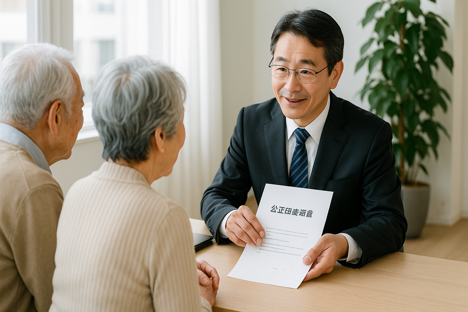公証役場で、公証人から公正証書遺言の説明を受けるシニア夫婦。法的な確実性と安心感を象徴する画像。
