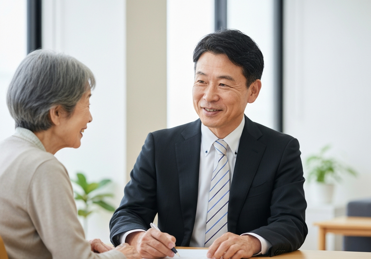 司法書士が依頼者の話に親身に耳を傾けている相談風景。専門家への相談の安心感を表現。