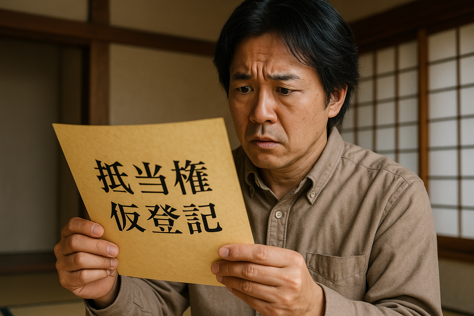 難しい顔で登記簿謄本を眺める人物。判断能力に不安がある相続人がいる場合の法的手続きの複雑さを表している。