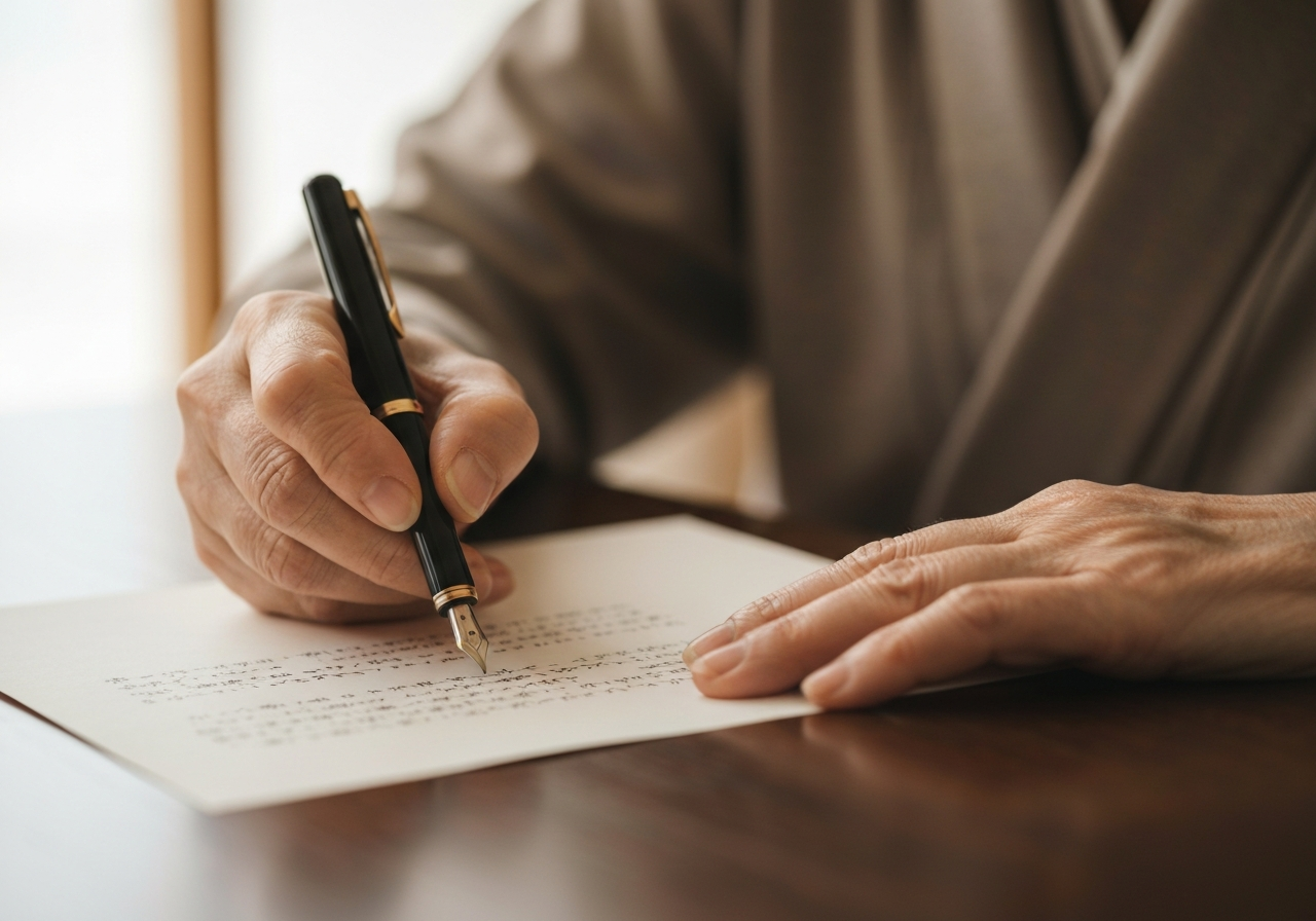 年配の女性が万年筆で手紙を書いている手元のクローズアップ。遺言書の付言事項に込める、家族への温かい想いを表現しています。