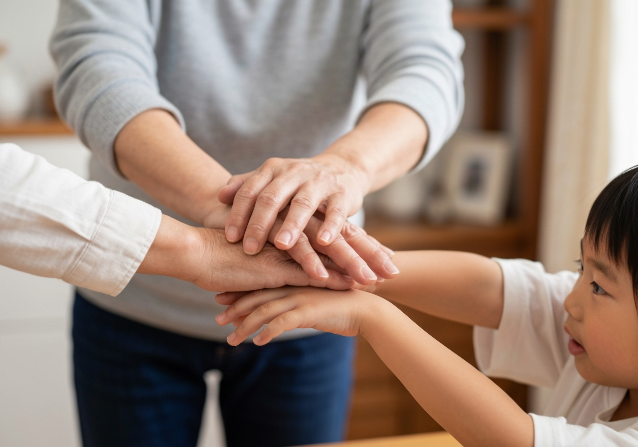 祖父母、親、子の三世代の手が重ねられている写真。特別代理人の候補者となる親族の協力や家族の絆を表現している。