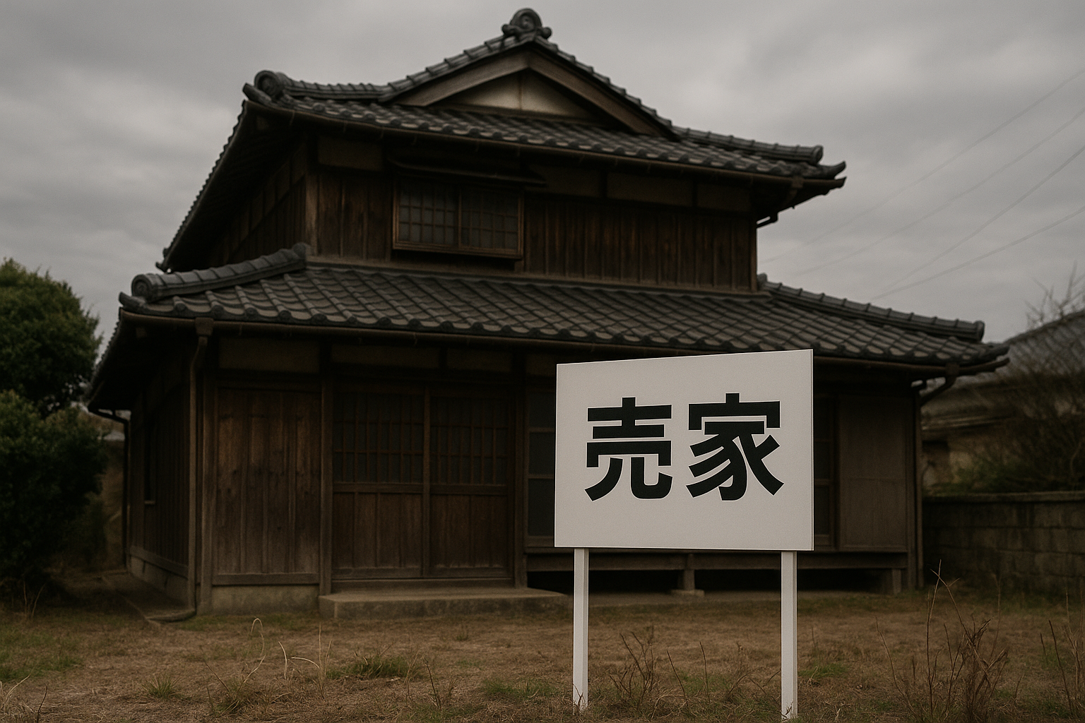 「売家」の看板が立てられた日本の家。不動産相続で揉めた結果、家を売却せざるを得なくなった悲しい状況を象徴している。