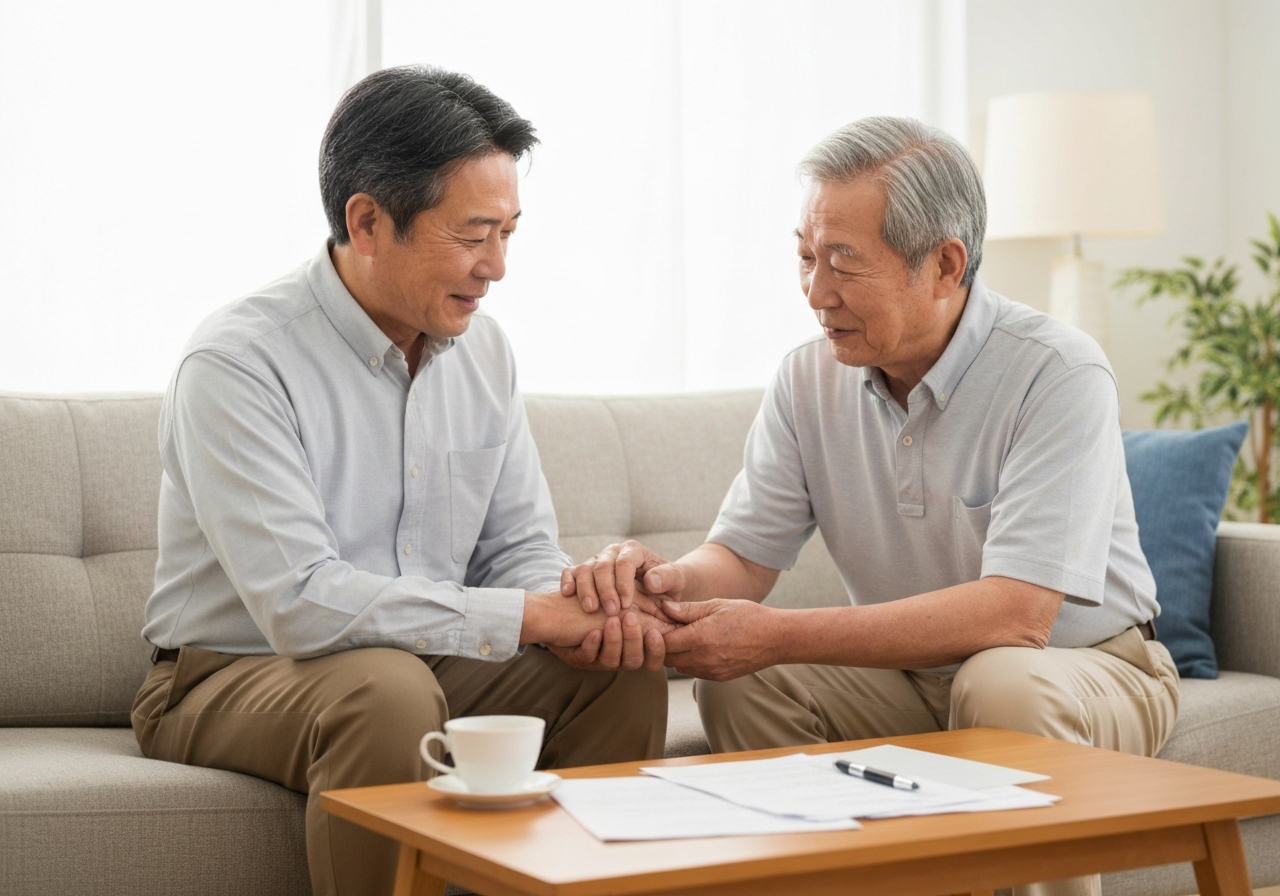 リビングで年配の父親の手を握る息子。任意後見や家族信託といった生前の対策について、親子で話し合う安心感を表現しています。