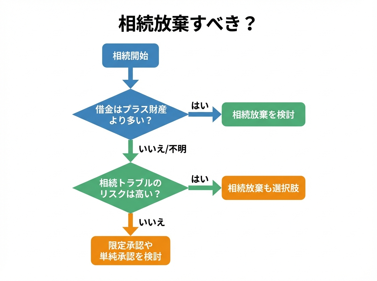 相続放棄をすべきかどうかを判断するための簡単なフローチャート。財産の状況と相続トラブルのリスクから判断基準を示している。