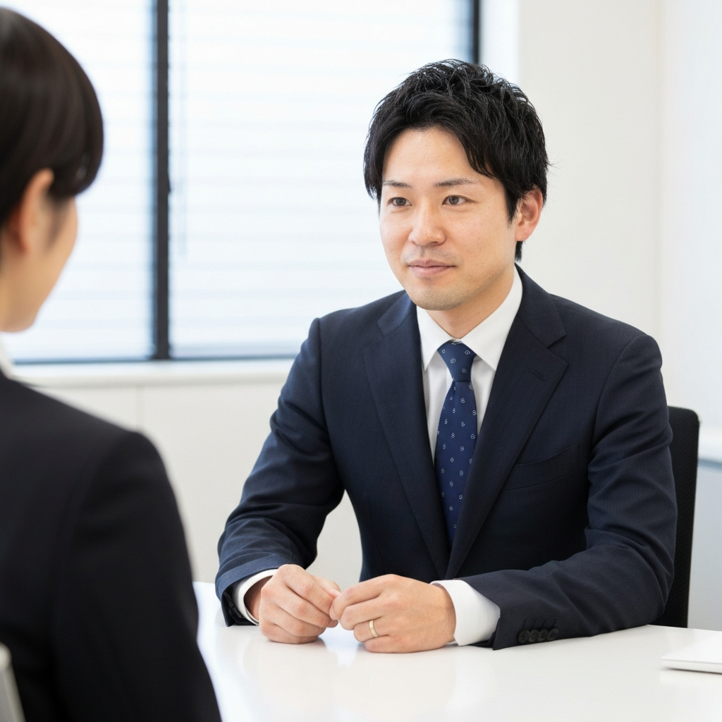 司法書士が相談者の話を親身に聞いている様子。名古屋高畑駅前司法書士事務所の丁寧なカウンセリングをイメージさせます。