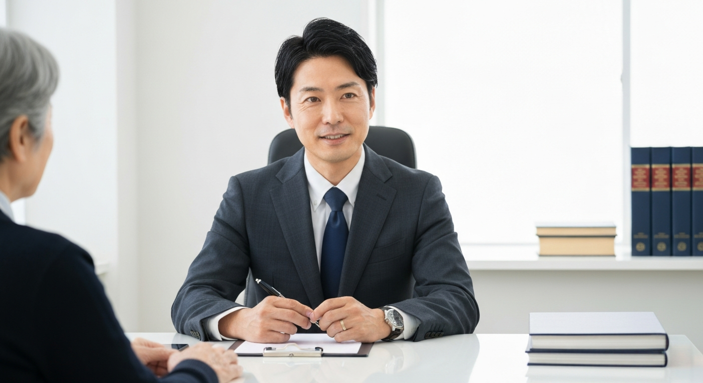 司法書士が相談者の話に親身に耳を傾けている様子。名古屋高畑駅前司法書士事務所の丁寧な対応をイメージさせる。