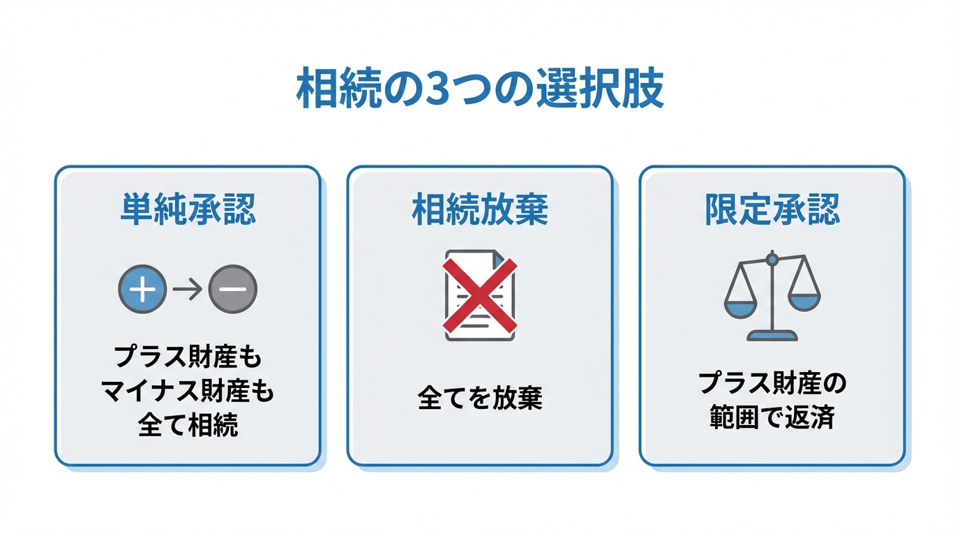 相続の3つの選択肢「単純承認」「相続放棄」「限定承認」の特徴をまとめた図解。