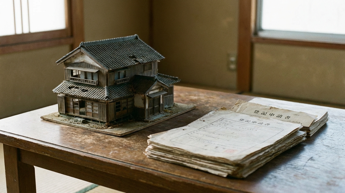 家の模型と相続登記に必要な書類。不動産の名義変更手続きを象徴する画像。