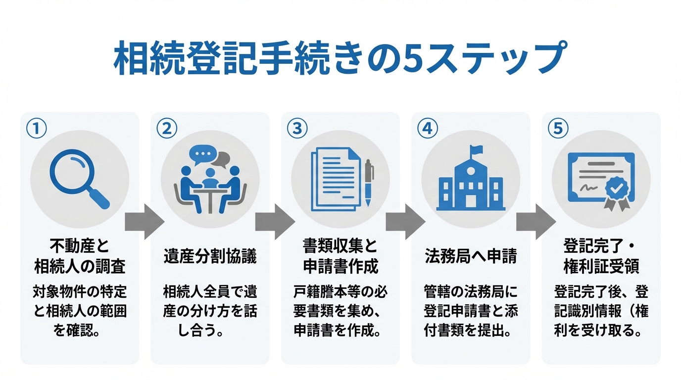 相続登記の手続きの流れを示した図解。調査、協議、書類作成、申請、完了という5つのステップが順番に並んでいる。