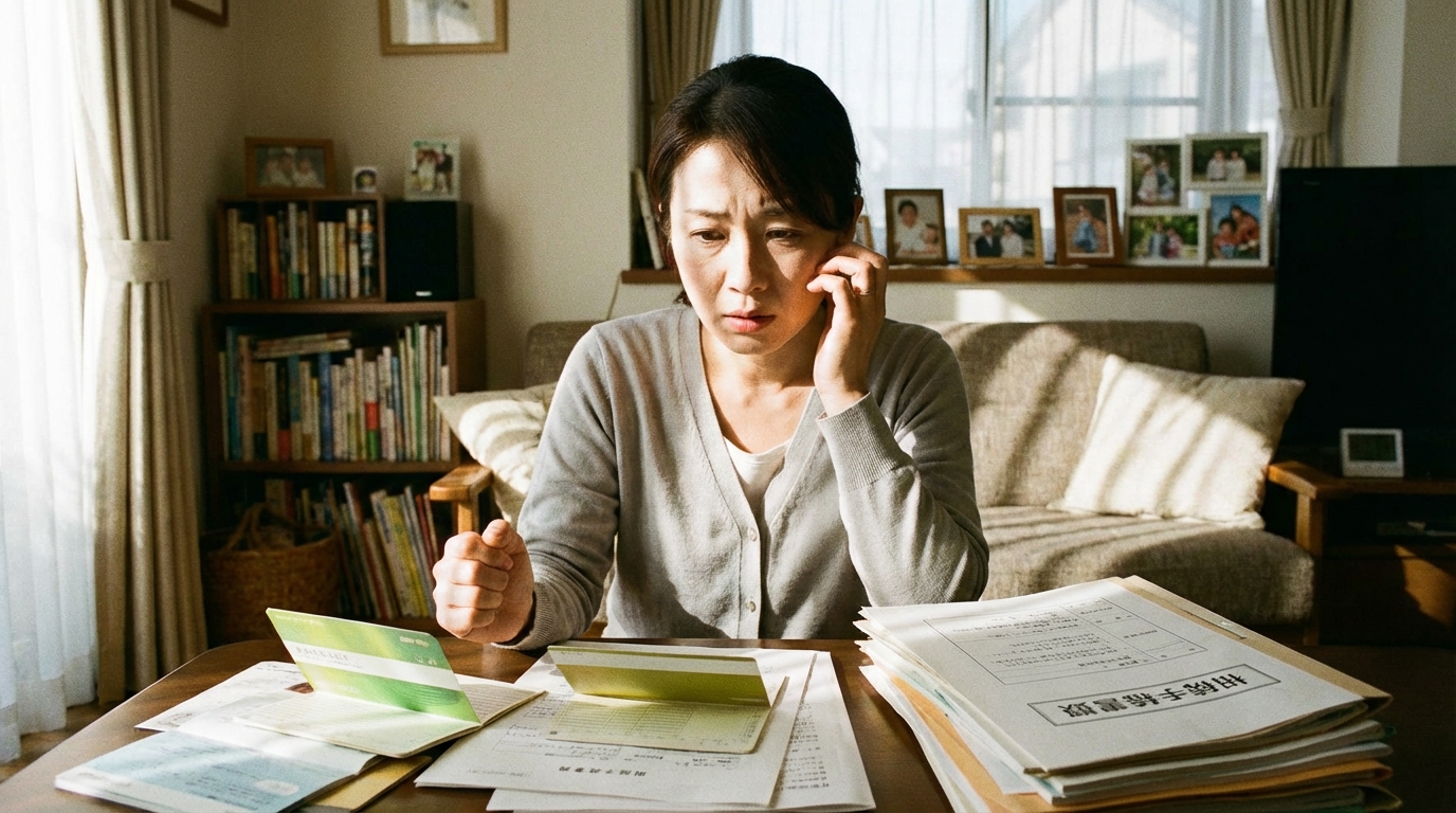 凍結された銀行口座の通帳を見て困っている女性