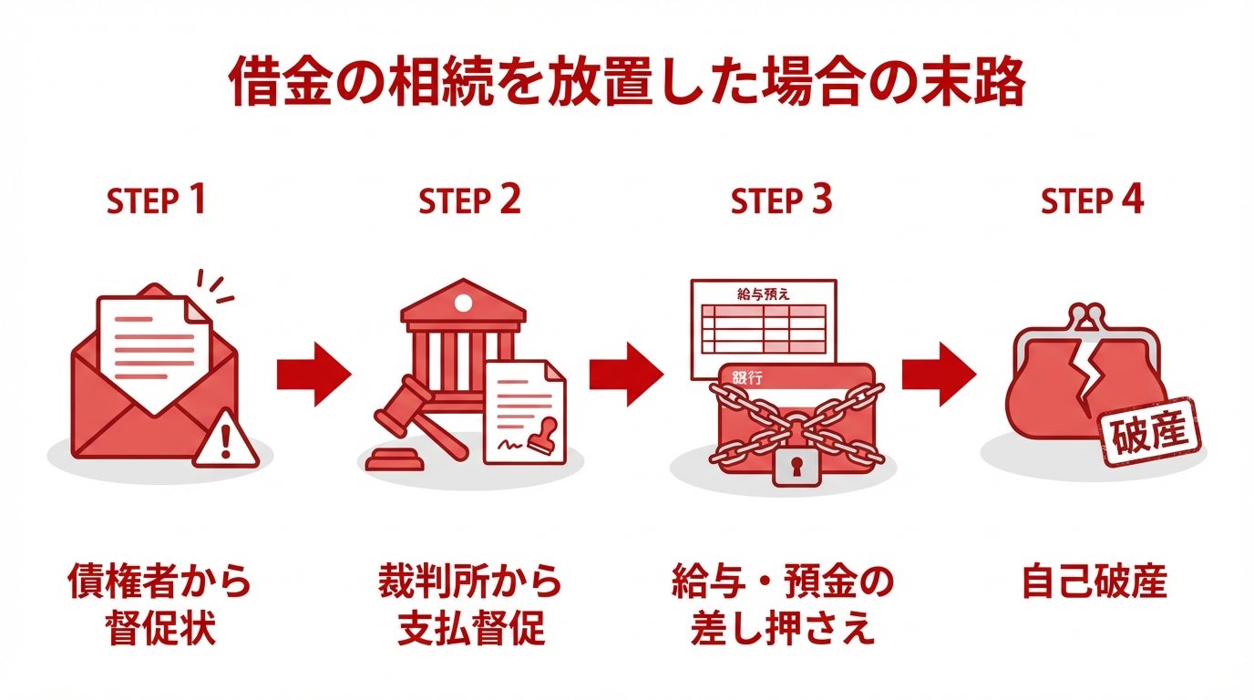 借金の相続を放置した場合に起こる、督促から差し押さえ、自己破産までの流れを示した図解。
