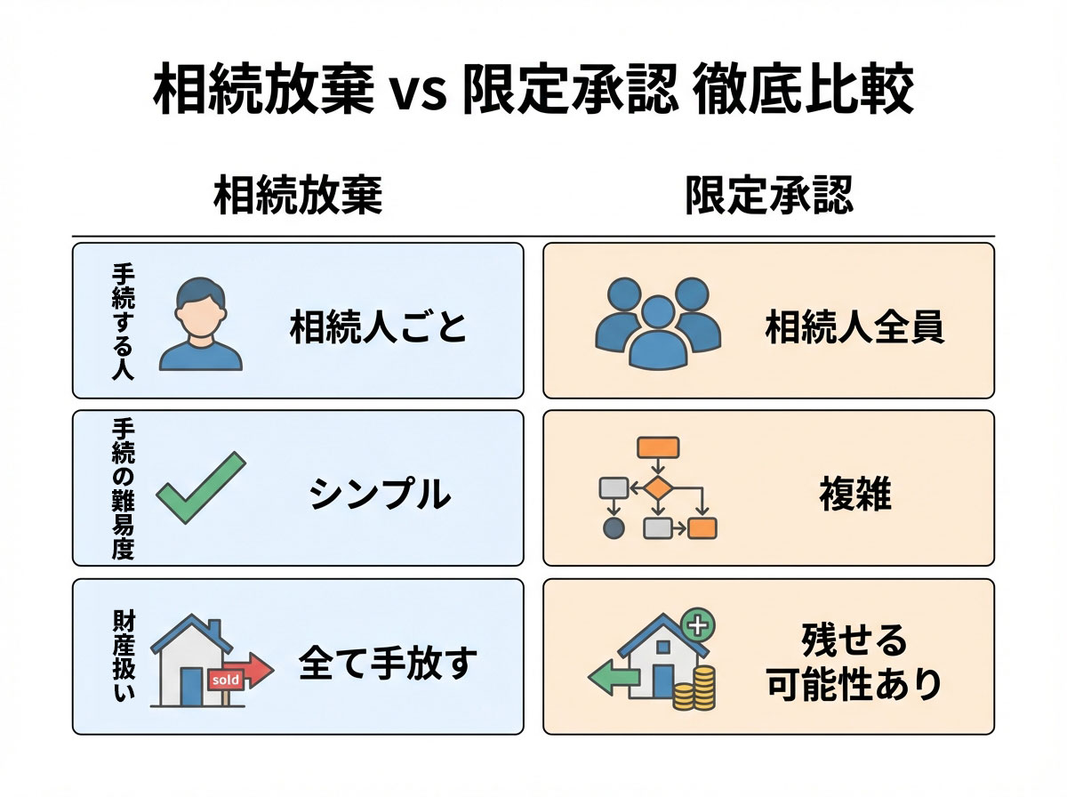 相続放棄と限定承認の違いを「手続きをする人」「手続きの難易度」「財産の扱い」の観点から比較した図解。