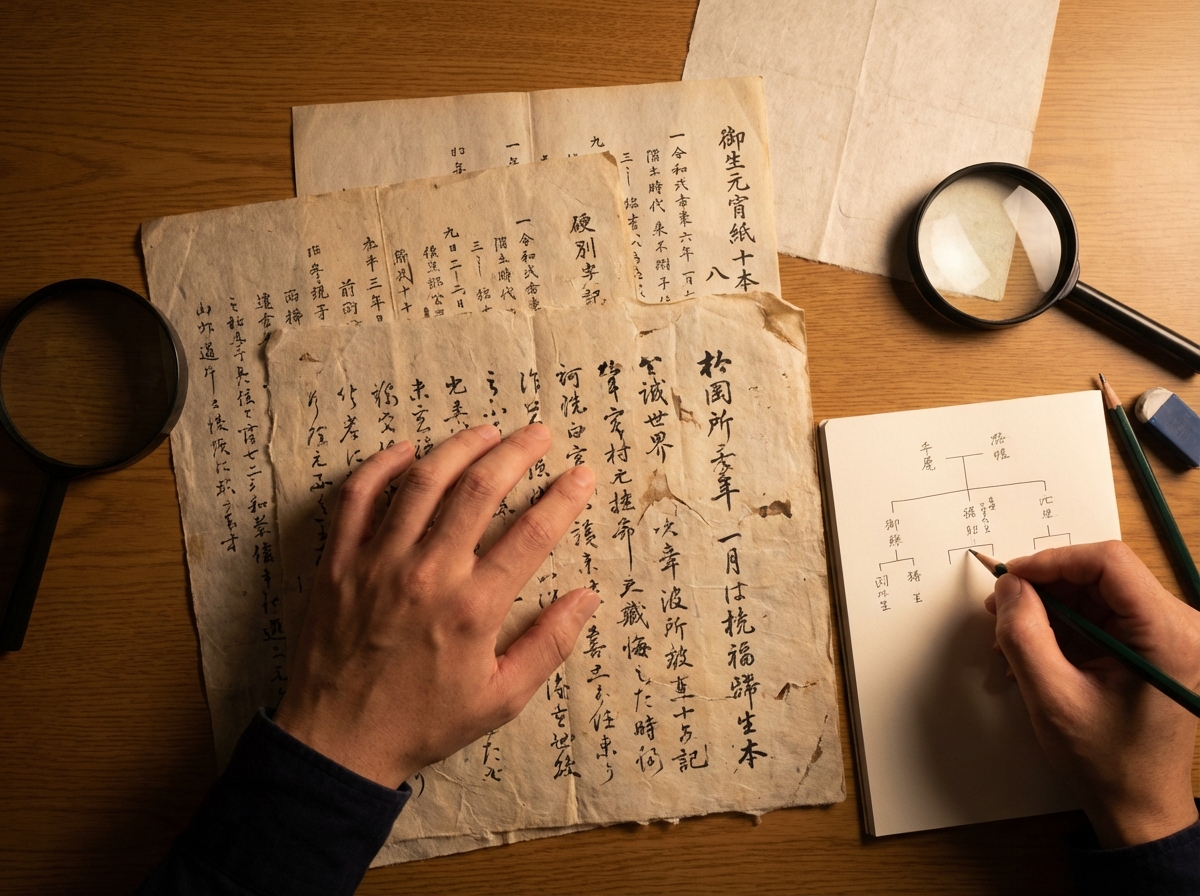 古い戸籍謄本を読み解きながら相続人を確定させている様子。相続手続きの複雑さを象徴している。