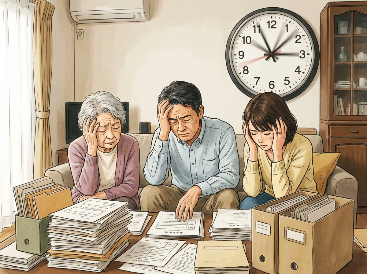 遺言執行者がおらず、相続手続きが停滞して困っている相続人たちのイラスト