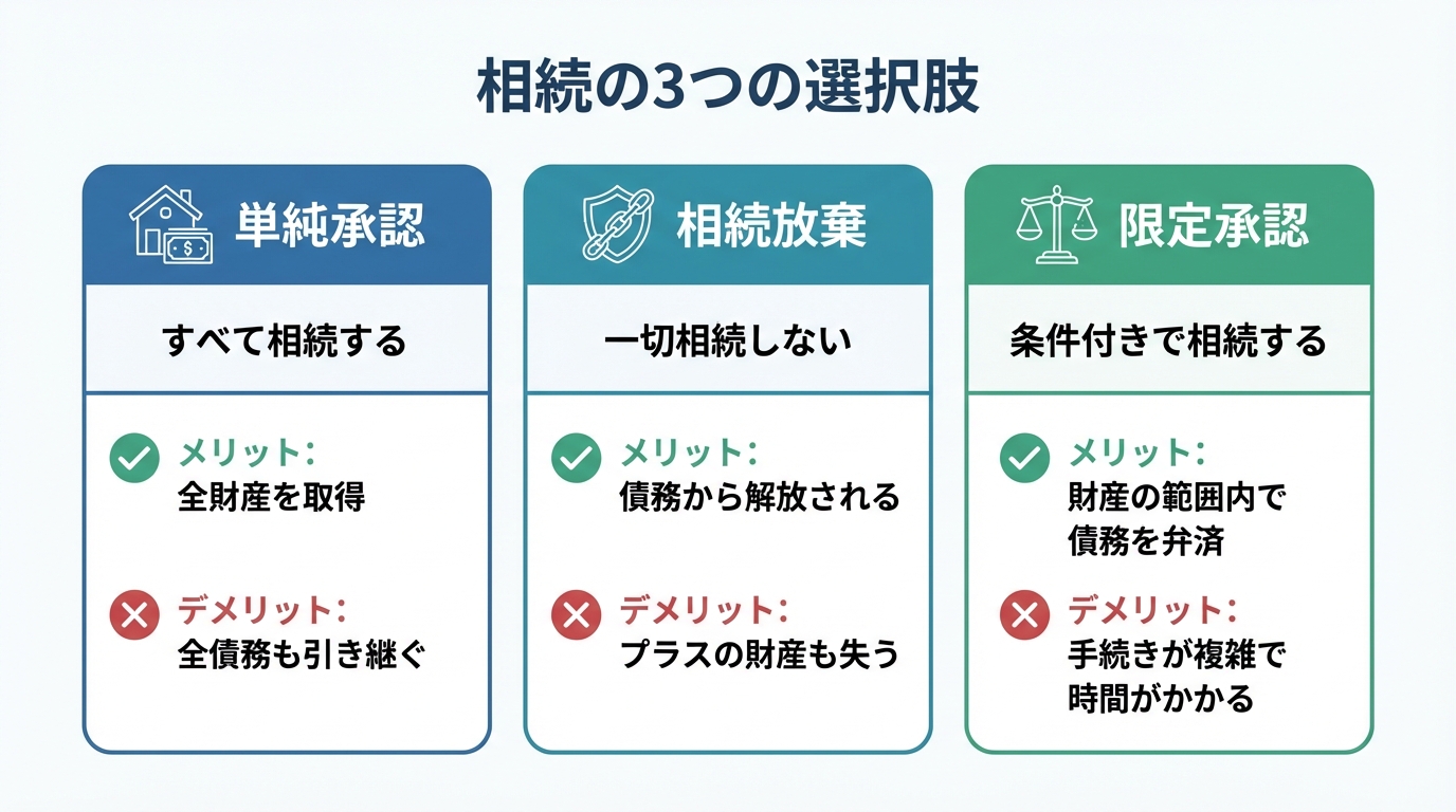 単純承認、相続放棄、限定承認という3つの相続方法のメリット・デメリットを比較した図解。