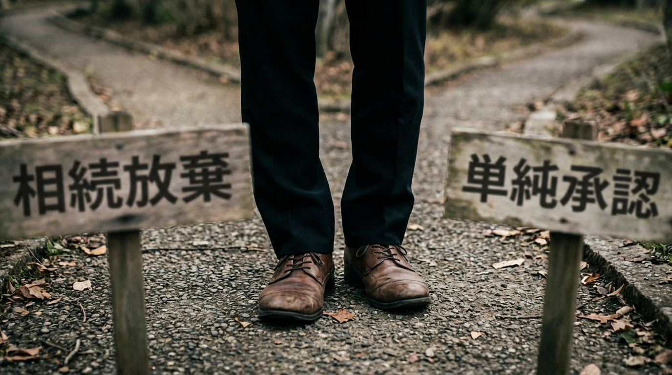 相続放棄か単純承認か、選択の岐路に立っている様子を象徴する画像。