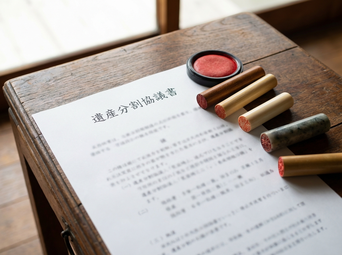 遺産分割協議書に相続人全員が実印を押印するイメージ。相続手続きにおける重要なステップ。