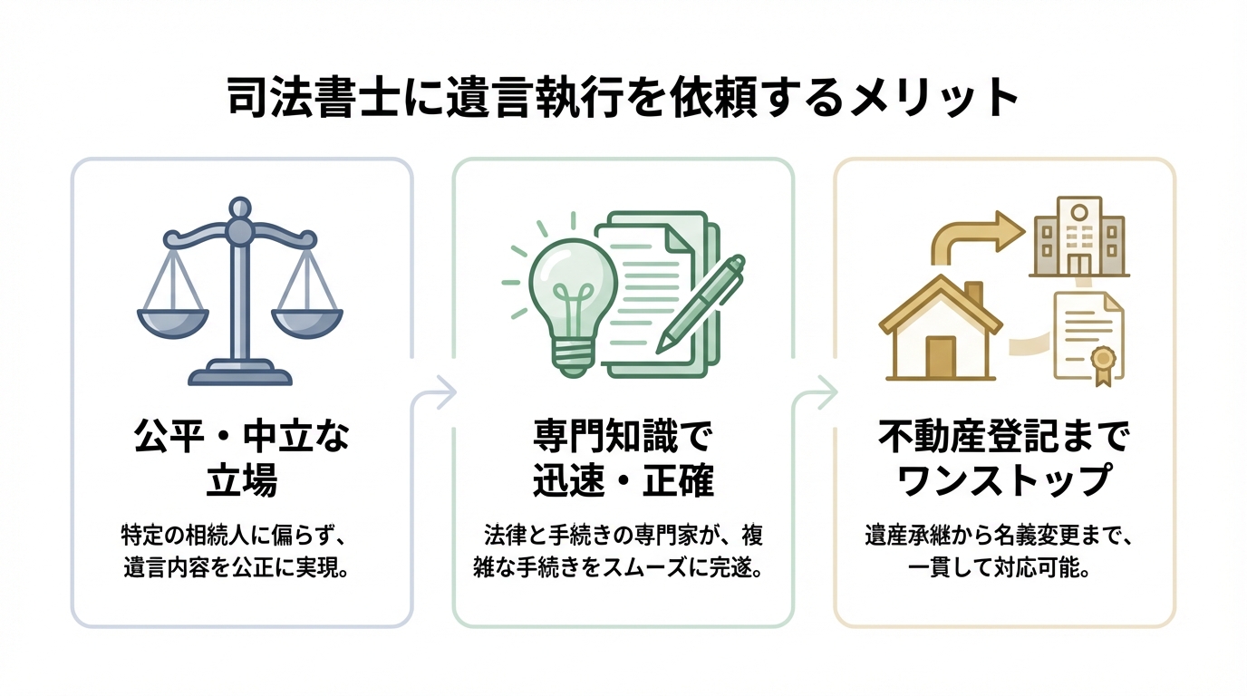 司法書士を遺言執行者に選ぶ3つのメリットを図解したインフォグラフィック