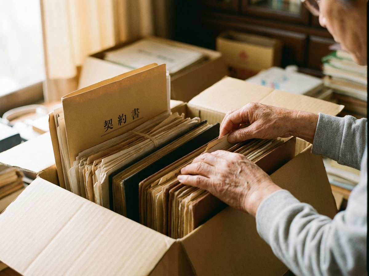 故人の遺品の中から借金の証拠となる契約書を探している様子