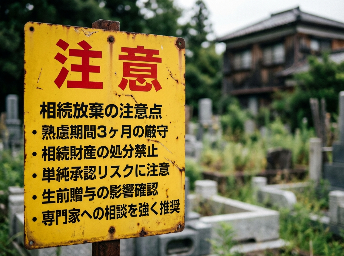 相続放棄の注意点を喚起する警告標識の画像。