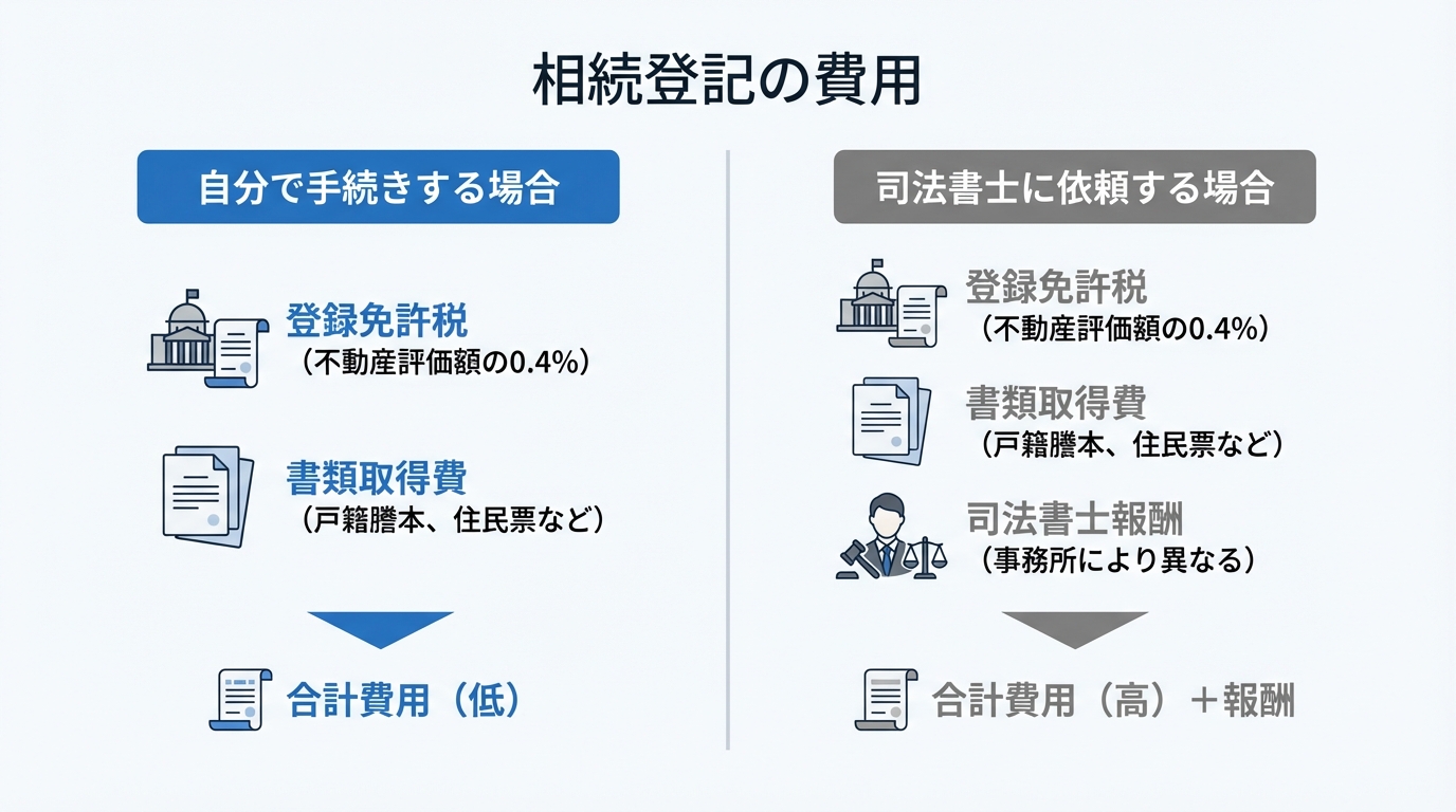 相続登記にかかる費用を比較した図解。自分で手続きする場合と司法書士に依頼する場合の費用の違いがわかる。