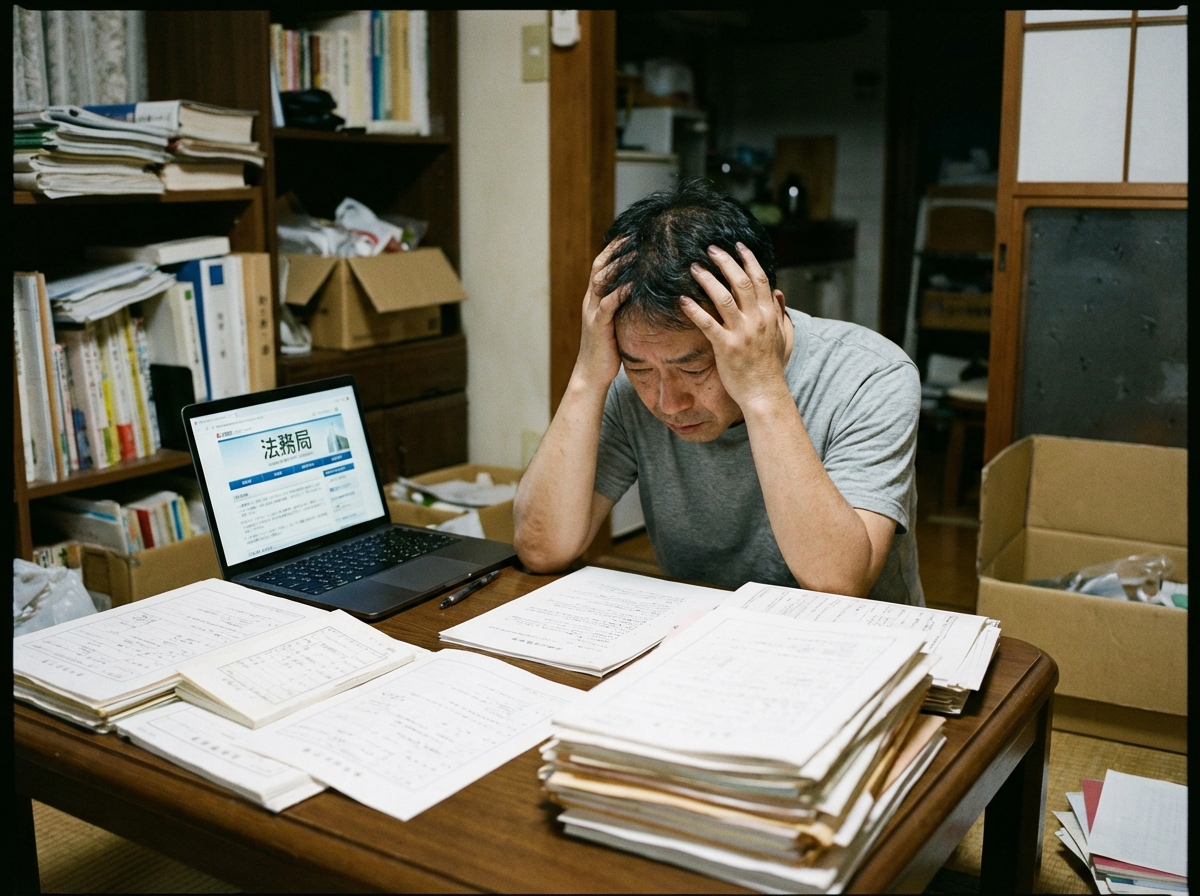 相続登記の書類作成に悩み、頭を抱える男性。自分で手続きを行うことの難しさと精神的負担を表している。