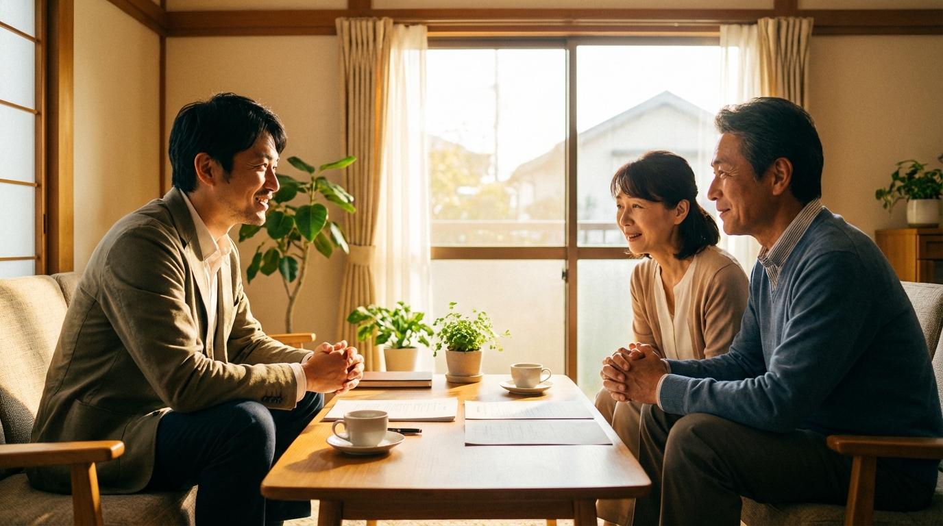 司法書士に相談し、安心した表情を浮かべる夫婦のイメージ