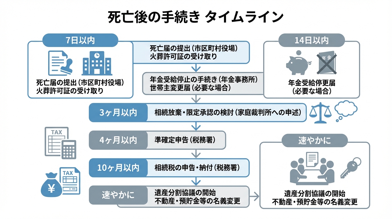 死亡後の手続きの全体像を時系列でまとめたチェックリスト。7日以内、14日以内、3ヶ月、4ヶ月、10ヶ月、その他速やかに、という期限ごとにやるべきことがリストアップされている。
