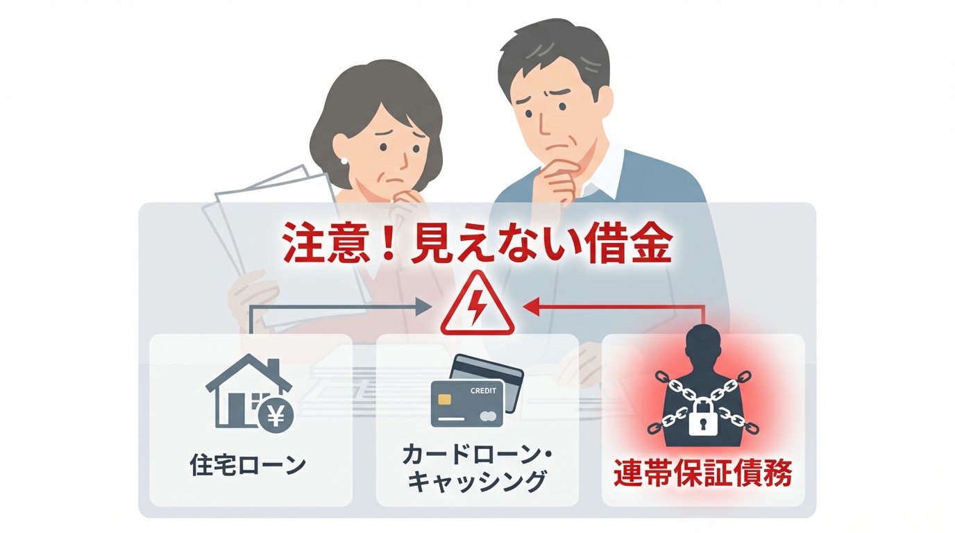 相続におけるマイナスの財産の具体例を示す図解。住宅ローン、カードローン、そして特に注意が必要な連帯保証債務がアイコンと共にリストアップされている。