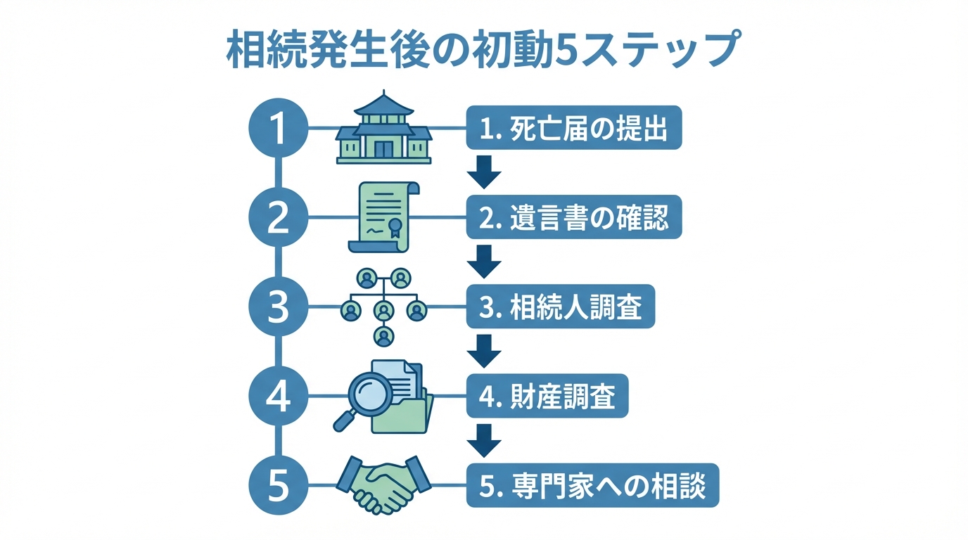 相続発生後の初動5ステップを示す図解。死亡届の提出から専門家への相談までの流れがアイコンと共に示されている。