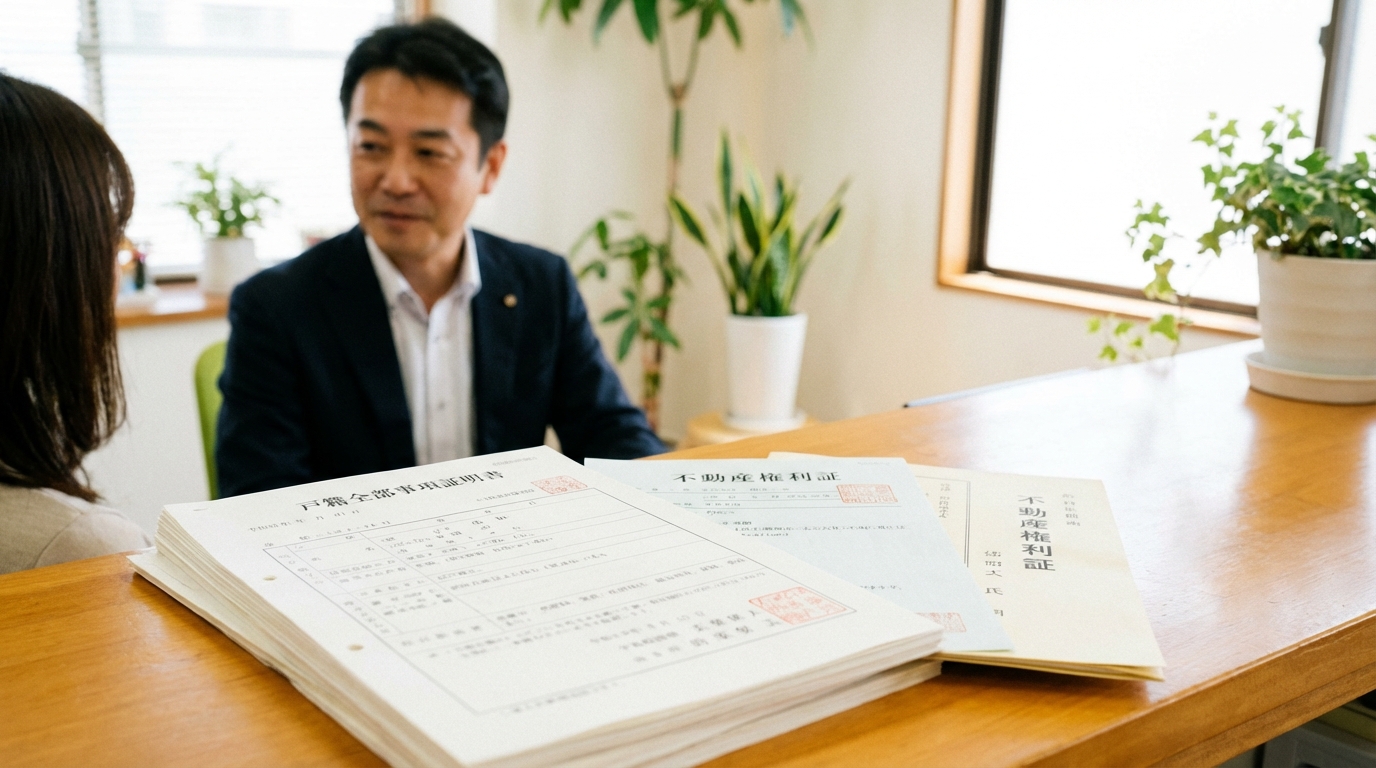 司法書士事務所の相談風景。テーブルの上に置かれた戸籍謄本などの書類と、奥で相談者の話を聞く司法書士。
