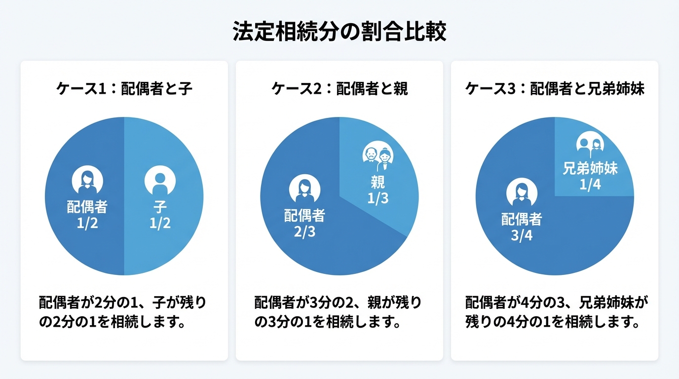 法定相続分の割合をケース別に比較した図解。配偶者と子、配偶者と親、配偶者と兄弟姉妹の3パターンにおける、それぞれの相続割合が円グラフで示されている。