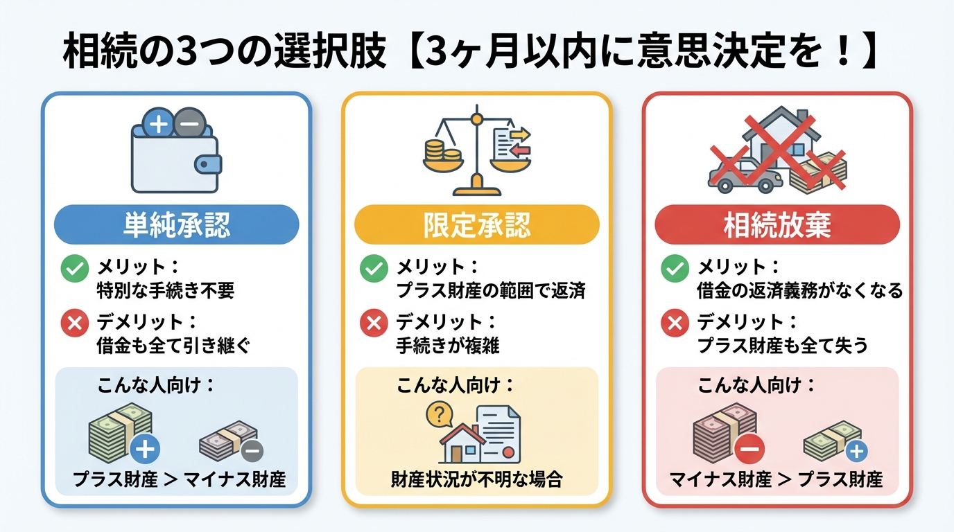 相続方法の3つの選択肢「単純承認」「限定承認」「相続放棄」のメリット・デメリットと、どのような場合に選択すべきかを比較した分かりやすい図解。