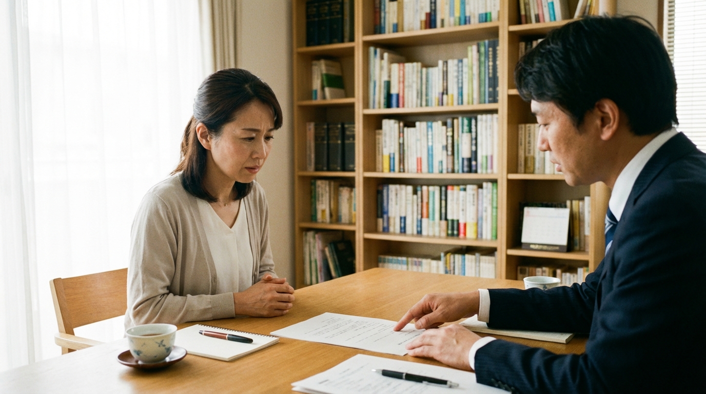 司法書士に相続の相談をする女性。専門家から丁寧な説明を受け、安心した表情を浮かべている。