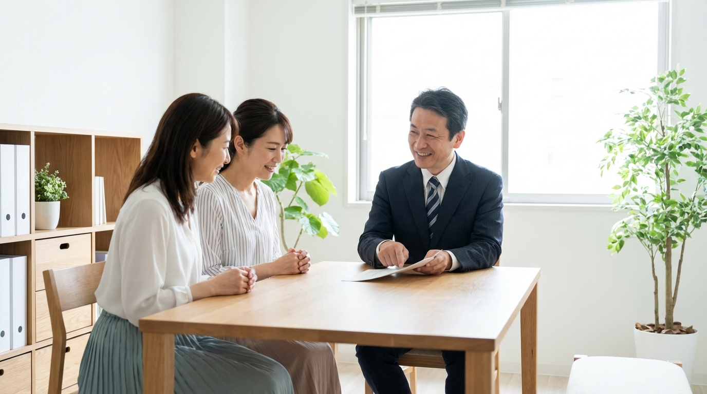 司法書士に相談し、安心した表情を浮かべる夫婦。専門家が親身に話を聞いている。