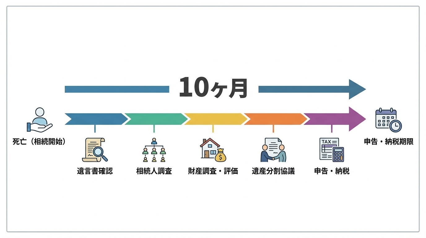 相続税の申告と納税の期限である10ヶ月間の手続きの流れを示したタイムライン。相続開始から申告・納税までの主要なステップが時系列でまとめられている。
