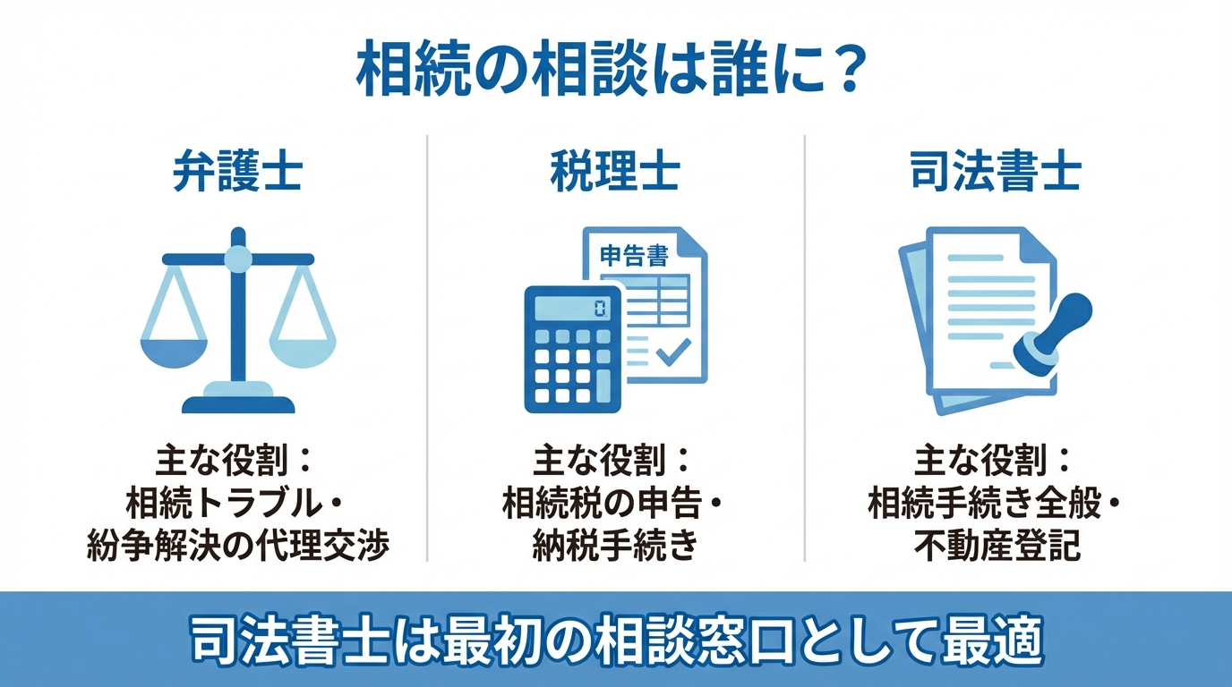 弁護士、税理士、司法書士の相続における役割を比較する図解。司法書士が手続き全般を担うことが示されている。