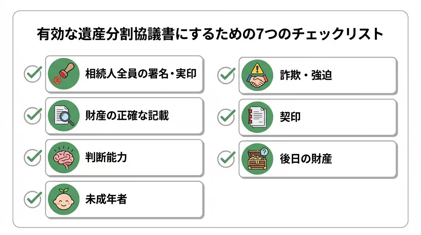 有効な遺産分割協議書にするための7つのチェックリスト。相続人全員の参加、財産の正確な記載、判断能力の確認など、作成時の注意点をアイコン付きで分かりやすく解説。