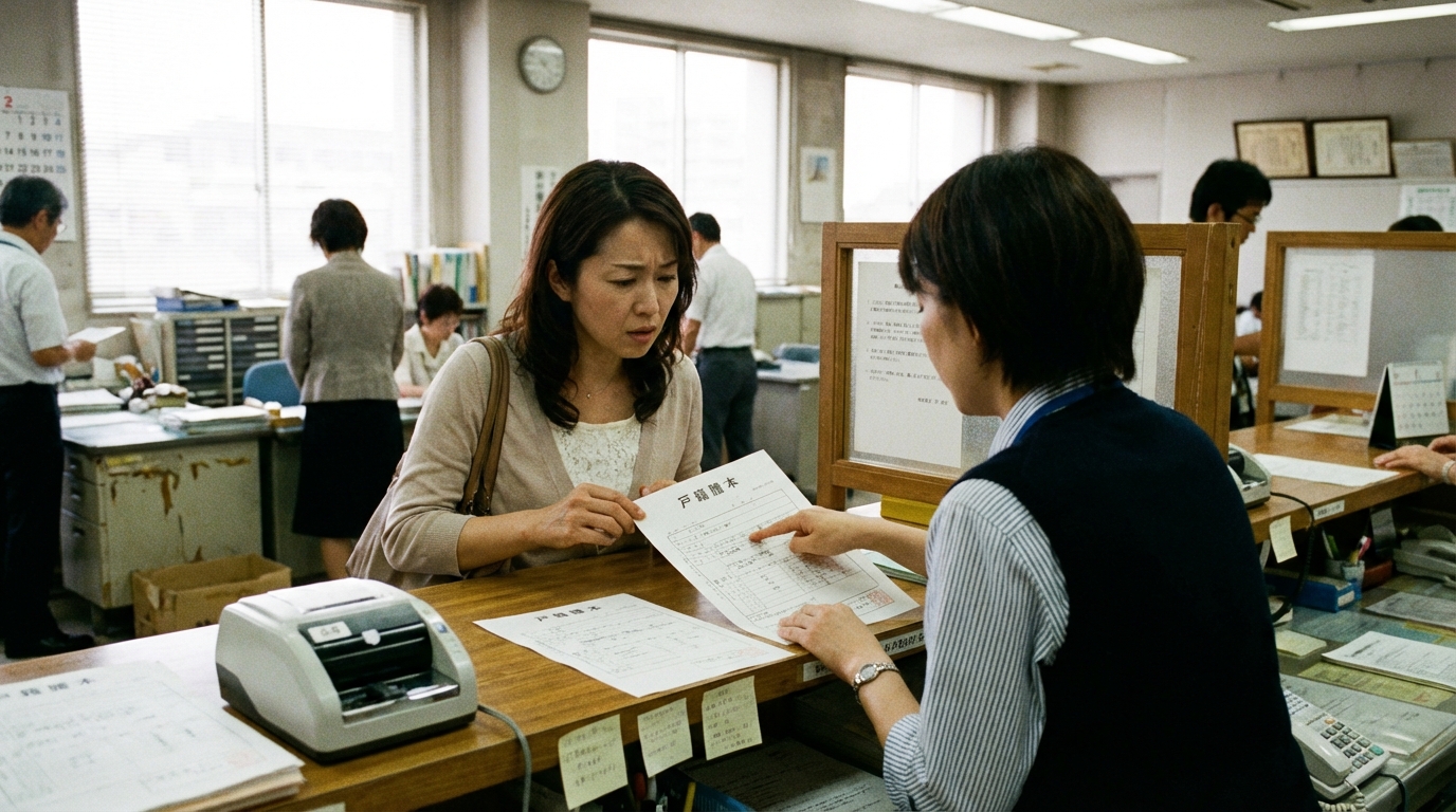 市役所の窓口で戸籍謄本の手続きがストップし、困惑した表情を浮かべる女性。