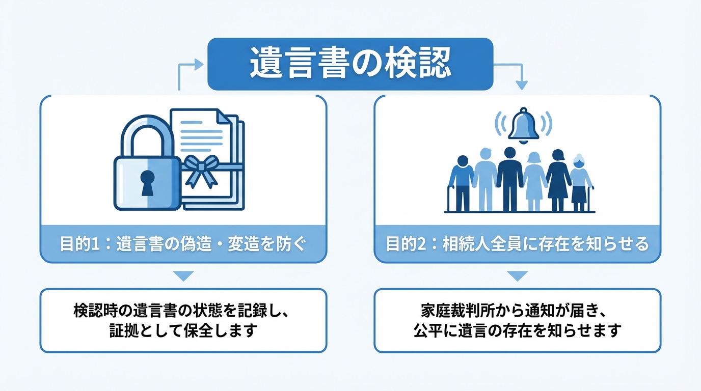 遺言書の検認が持つ2つの主要な目的（偽造・変造の防止と、相続人全員への通知）を図解したインフォグラフィック。