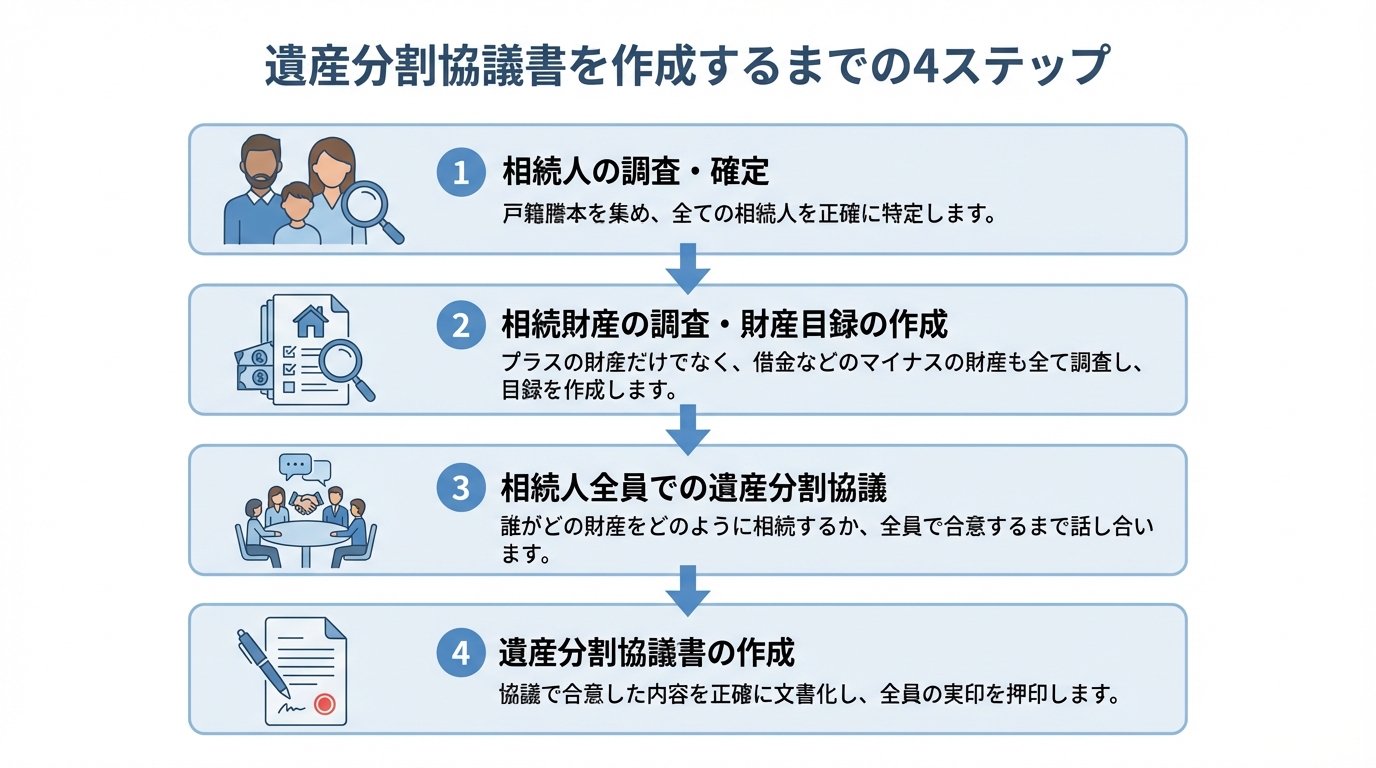 遺産分割協議書を作成するまでの4つのステップを示したフローチャート。相続人調査から財産調査、遺産分割協議、協議書作成までの流れをアイコン付きで解説。