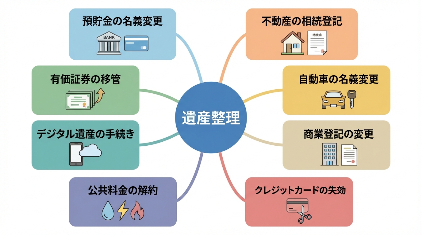 遺産整理の手続き全体像を示すマインドマップ風の図解。預貯金、不動産、有価証券、自動車、公共料金、クレジットカード、デジタル遺産、商業登記など多岐にわたる手続きが一覧できる。