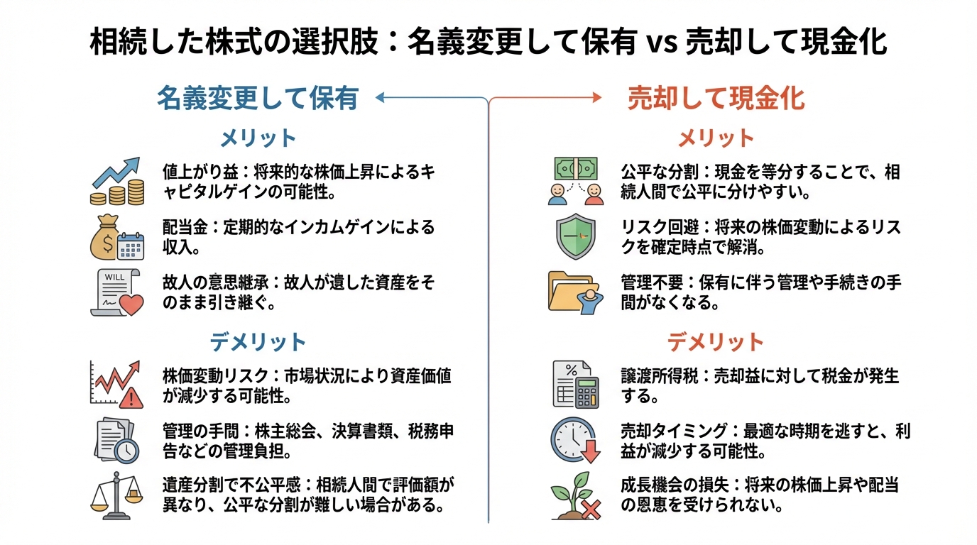 相続した株式の選択肢である「保有」と「売却」のメリット・デメリットを比較した図解。保有は将来性、売却は公平な分割に利点があることを示している。